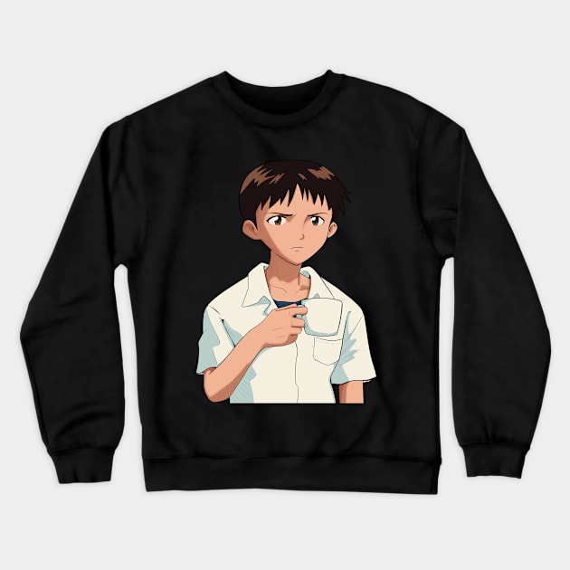 Shinji Holding a Mug HD Restored image Neon Genesis Evangelion Crewneck Sweatshirt by Scribble-LeviJo